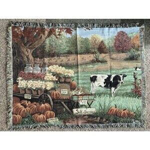 VTG Linda Picken "Self-Service" Fall Farm Tapestry Throw Woven Blanket 69x52"